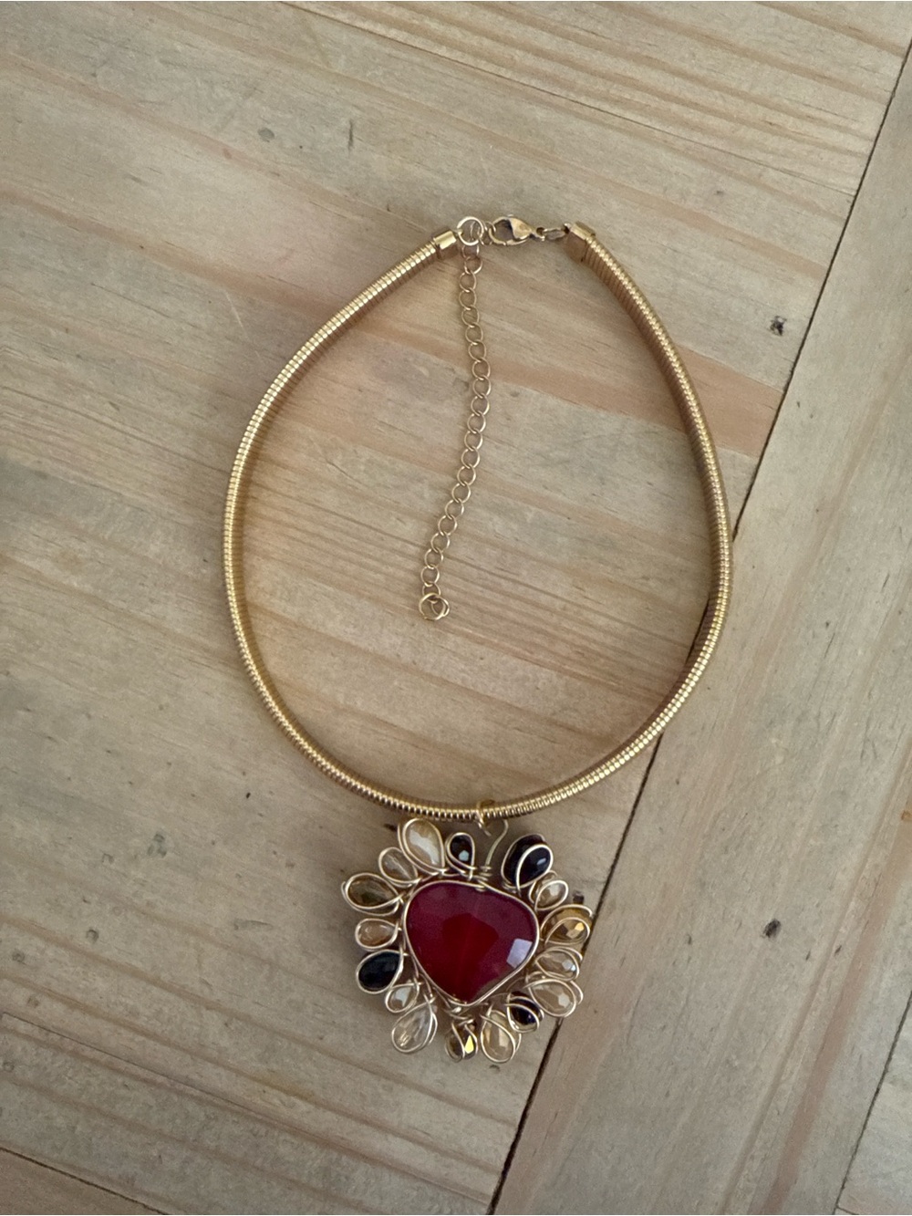Gold-Tone Necklace with Red Heart Gemstone Pendant - Women's Jewelry